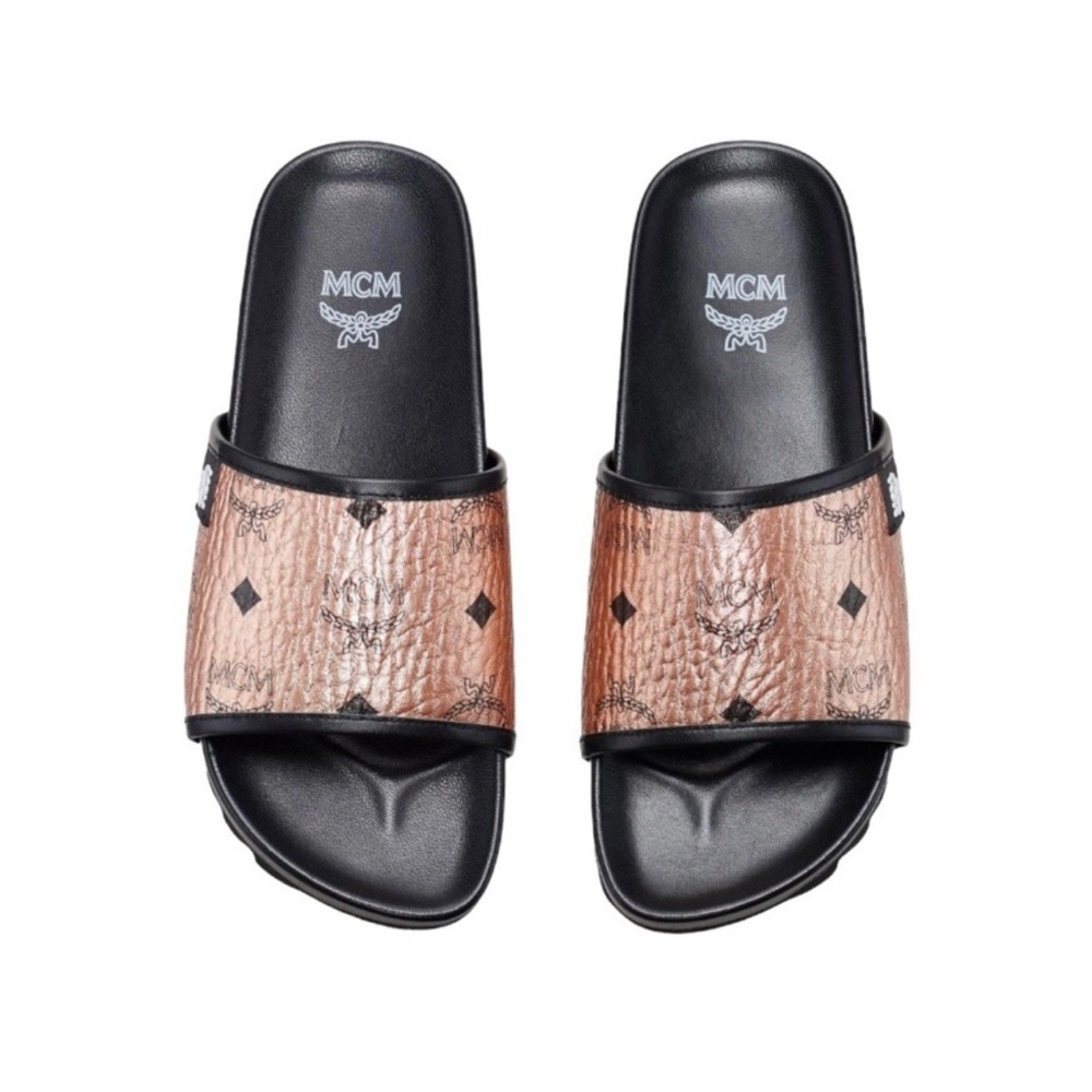 MCM Bronze and Black Slide Sandals
